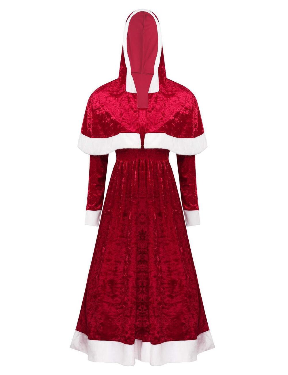 1329 Red Velvet Mrs. Claus Santa Costume Outfits Christmas Hooded Top Midi
